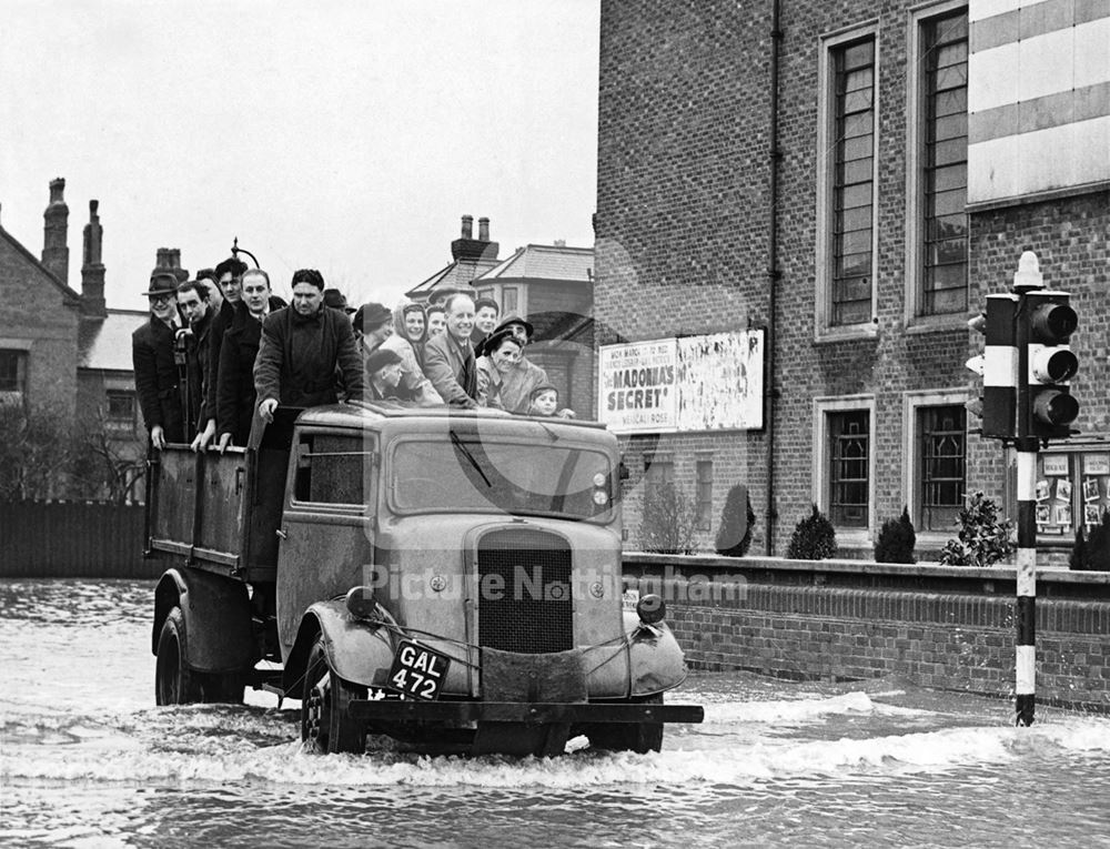 Majestic Cinema during floods, corner of Queen's Road and Station Road, Beeston, 1947