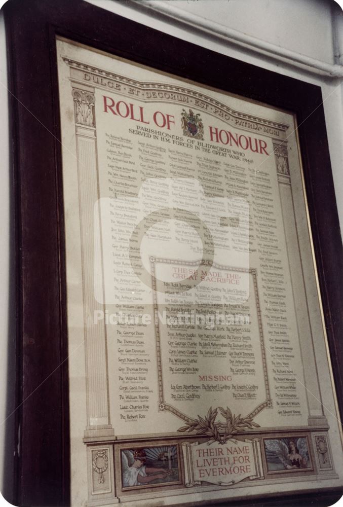 Roll of honour, St Mary's Church, Main Street, Blidworth, 1982