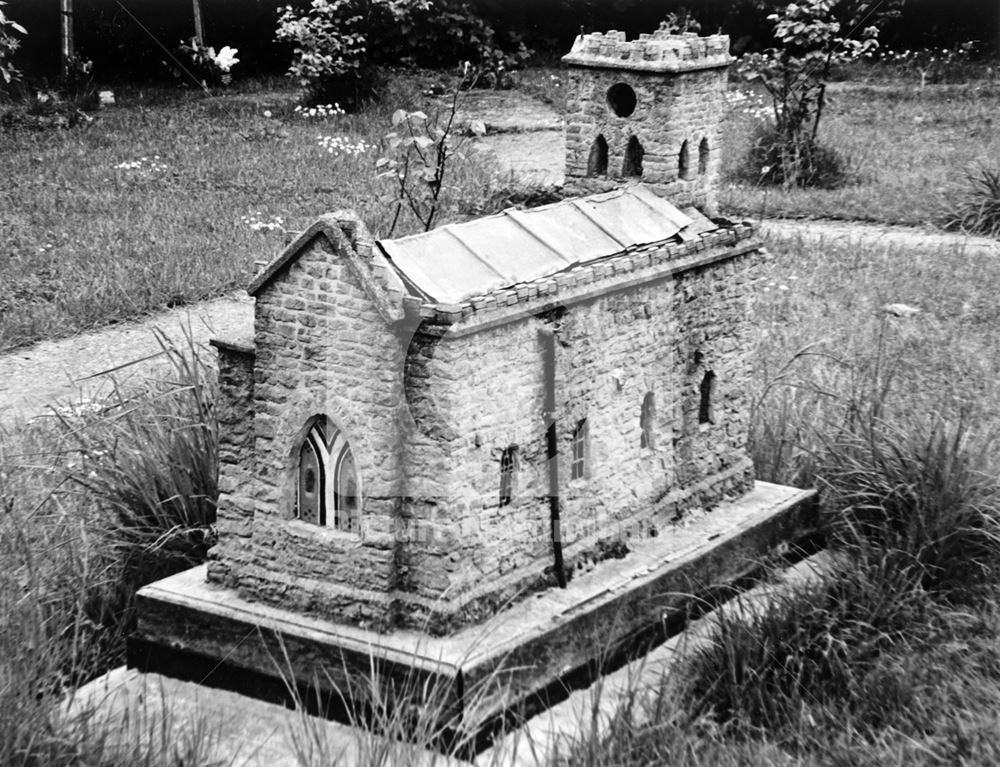 Model church in churchyard, St Mary's Church, Main Street, Blidworth, 1982