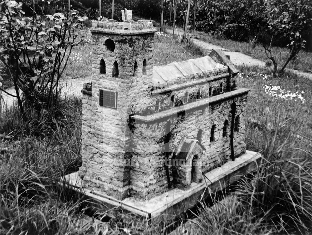 Model church in churchyard, St Mary's Church, Main Street, Blidworth, 1982