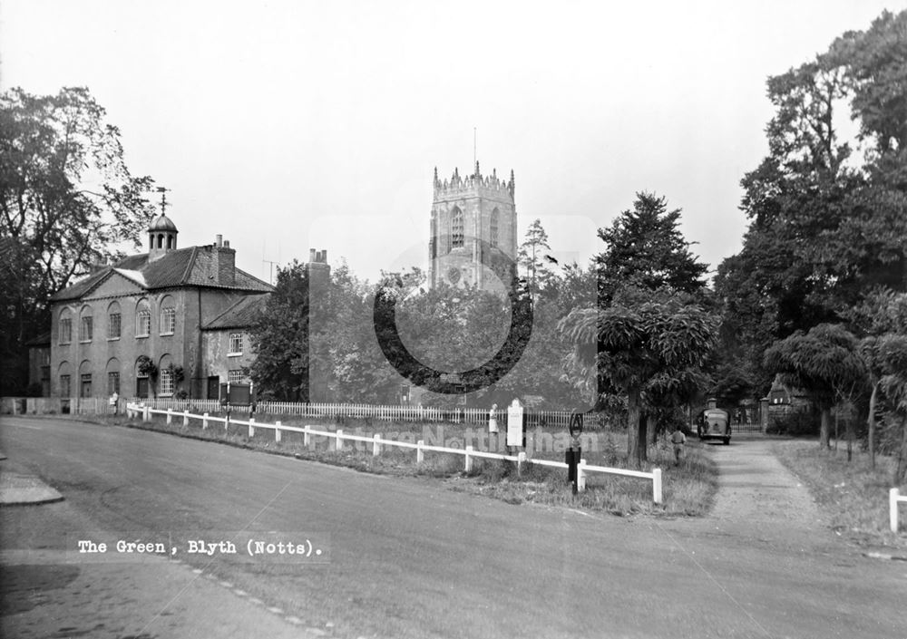 House with St Mary and St Martin's Church in background, Church Green, Blyth, c 1950s?