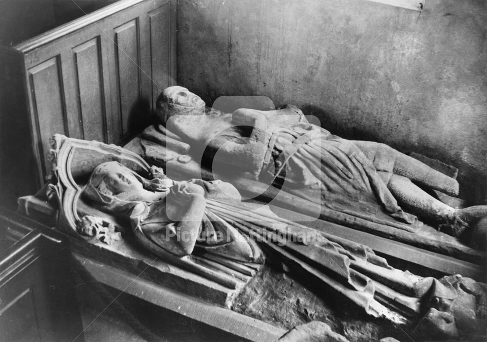 Tombs of John and Mathilda de Heriz inside Parish Church of St Lawrence, Gonalston, 1948