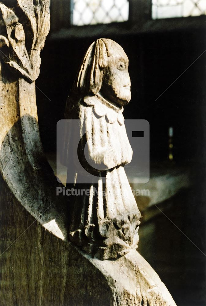 Bench end detail, St Giles Church, Langford Lane, Holme, near Newark, 2002