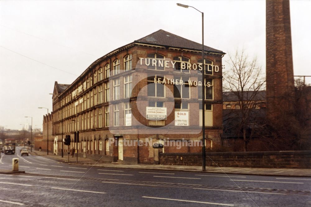 Close up of Turney Brothers Leather Works, Trent Bridge, Meadows, Nottingham, 1983