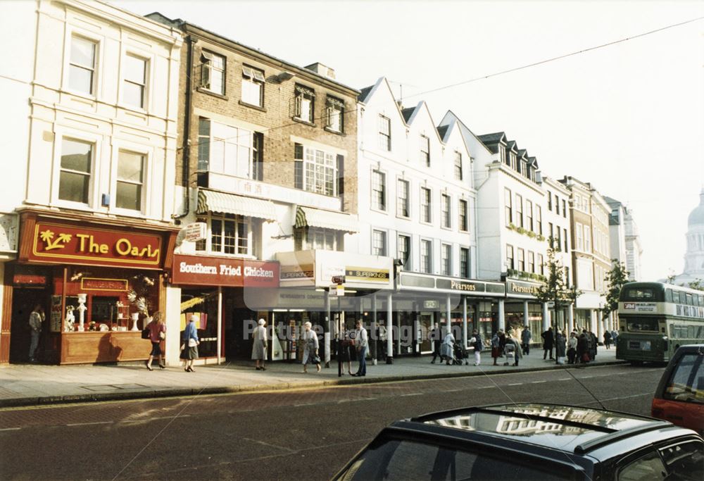 Long Row showing Pearsons Shop shortly before closing, Nottingham, 1988