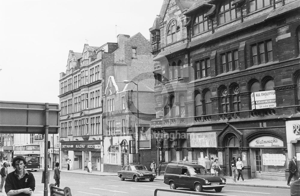 Coach and Horses and the Express Buildings, Upper Parliament Street, Nottingham, 1982