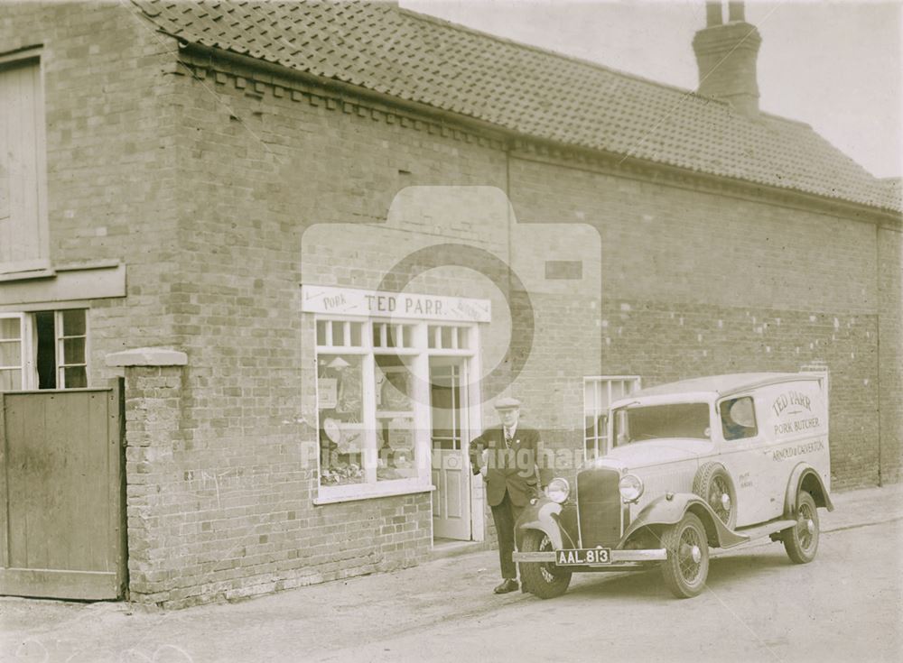 Ted Parr, Butcher, Van and Shop, Calverton, c 1920