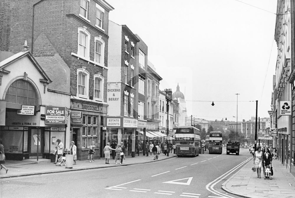 Angel Row from Chapel Bar and Mount Street, Nottingham, 1973