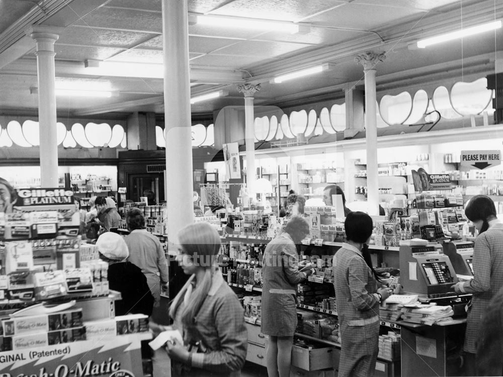 Interior of Boots the Chemist, High Street, Nottingham, 1972