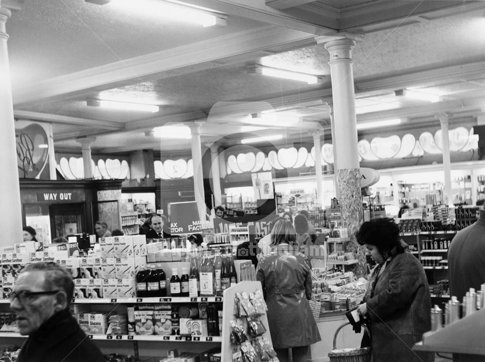 Interior of Boots the Chemist, High Street, Nottingham, 1972