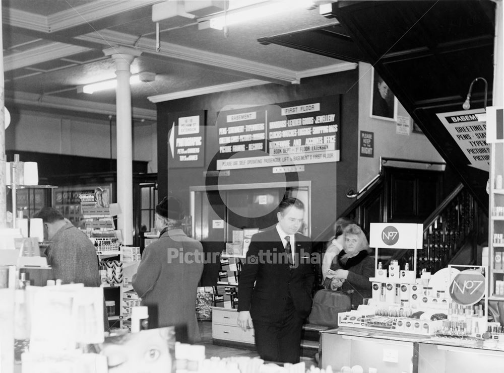 Interior of Boots the Chemist, High Street, Nottingham, 1972