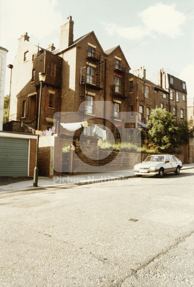 Rear of 46-58 Elm Ave from St Ann's Hill Road, St Ann's, Nottingham, 1985