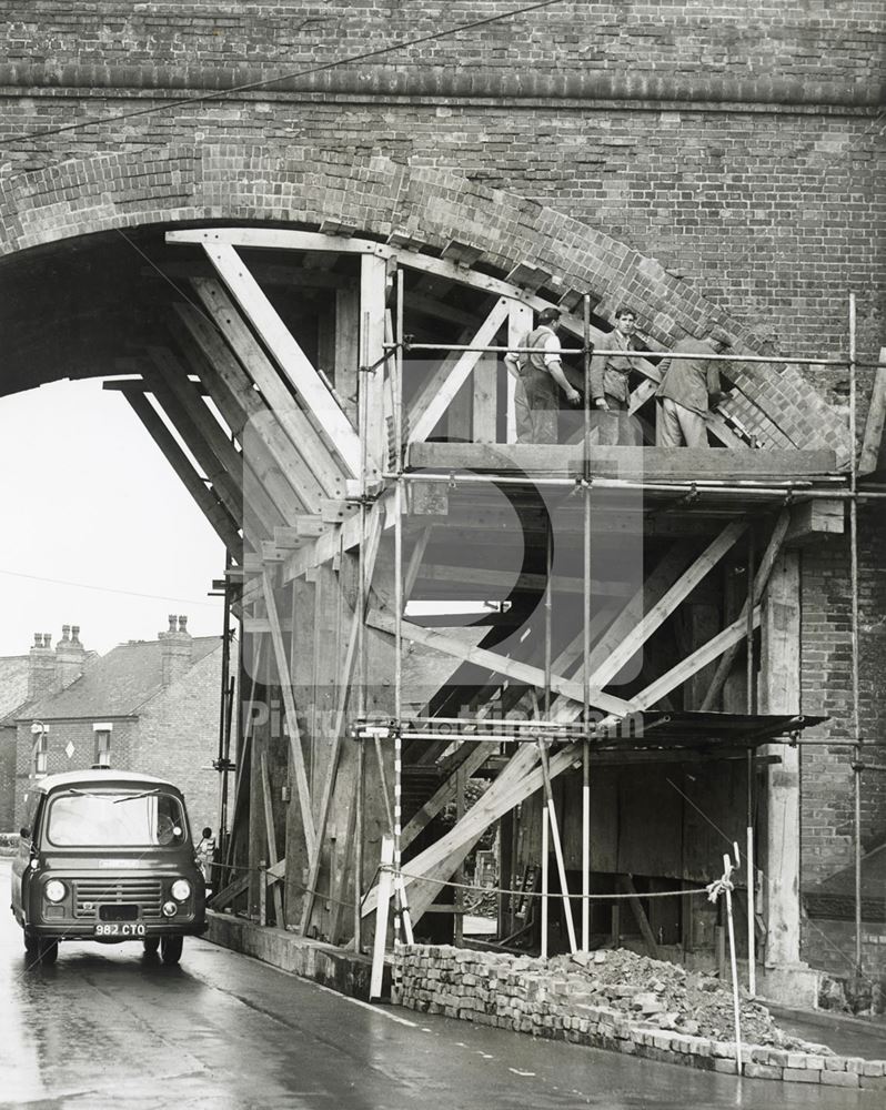 Railway Bridge under Repair, Burton Road, Carlton, 1973