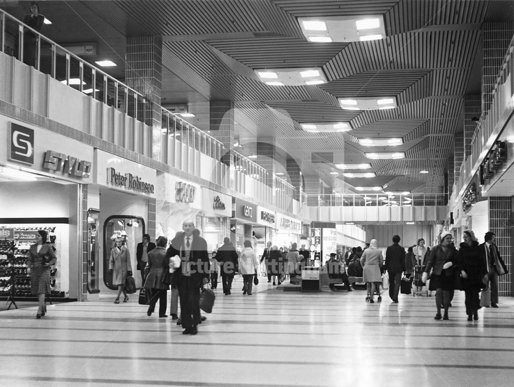 Interior of Broadmarsh Shopping Centre, Nottingham, c 1975