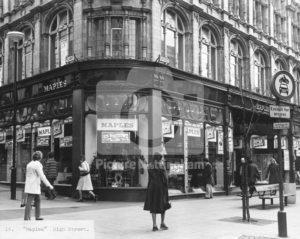 Shops on corner of High Street and Pelham Street, Nottingham, c 1976