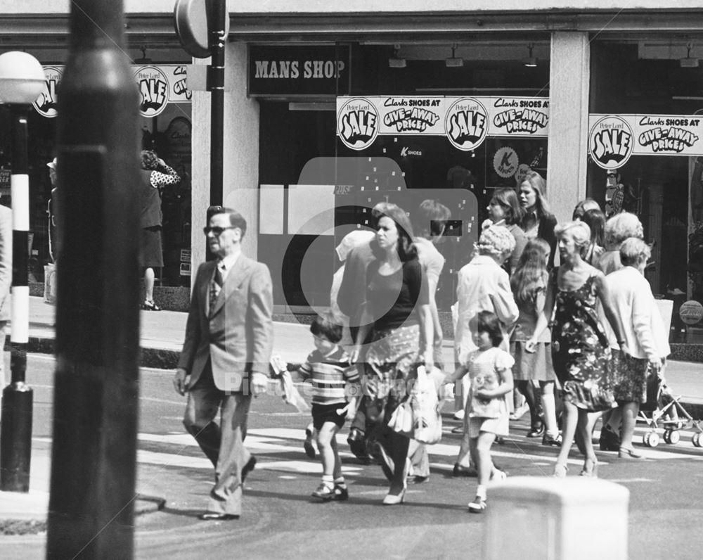 Clarke's on Long Row from King Street, Nottingham, 1976