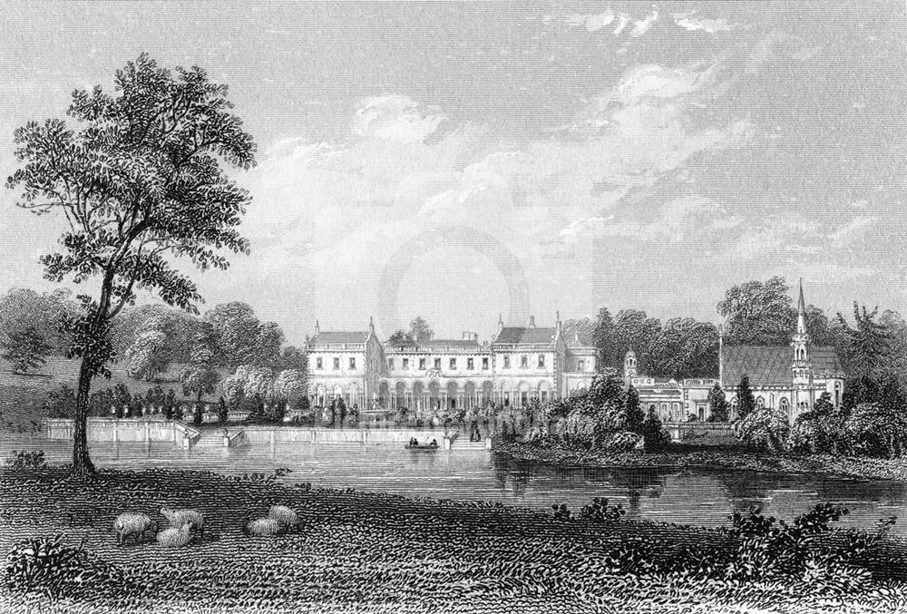 Clumber House, Church and Lake, Clumber Park, Clumber, c 1870