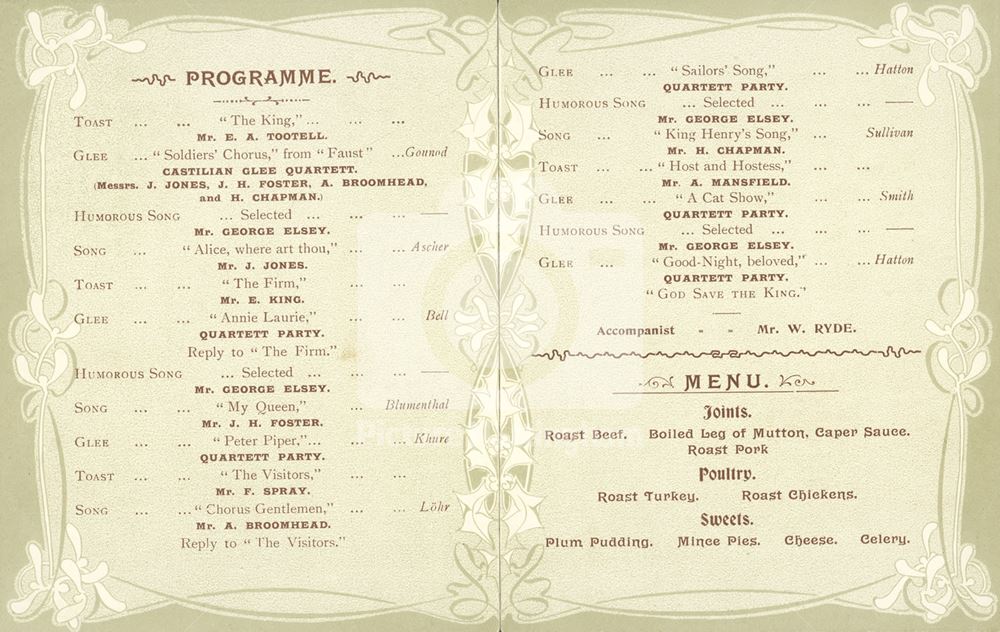 Programme for Complimentary Dinner for the Employees of Tom Browne and Co., 1904