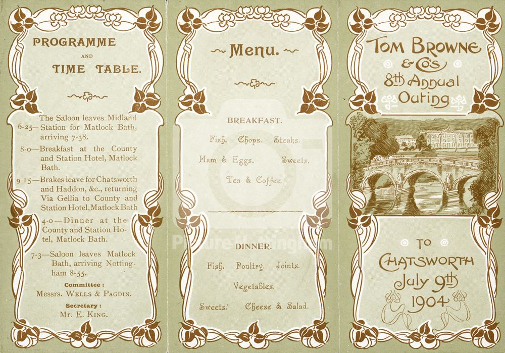 Programme and Menu for Tom Browne and Company's 8th Annual Outing to Chatsworth, 1904