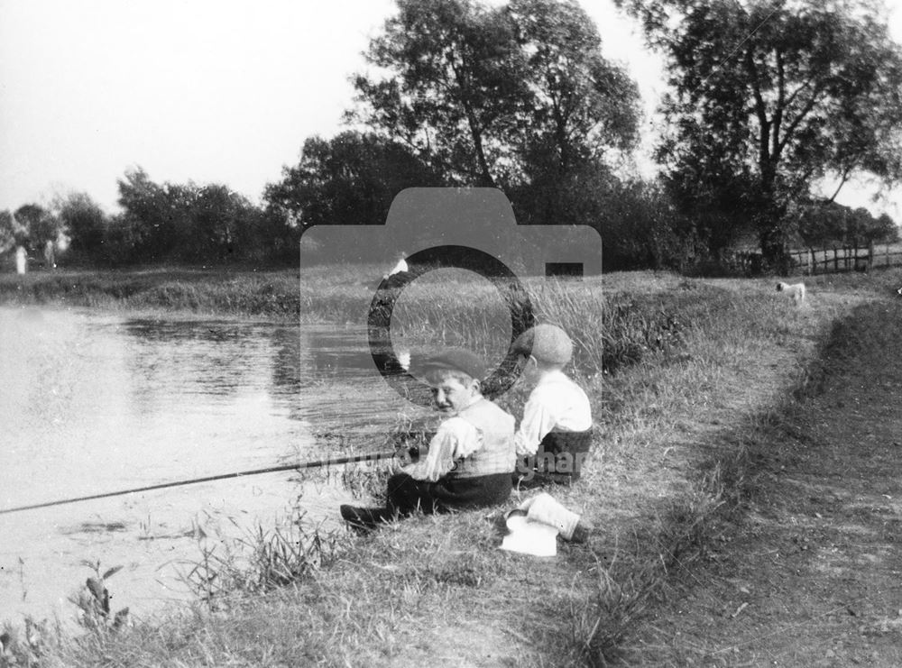 Boys fishing on the River Soar, Normanton on Soar, c 1900s ?