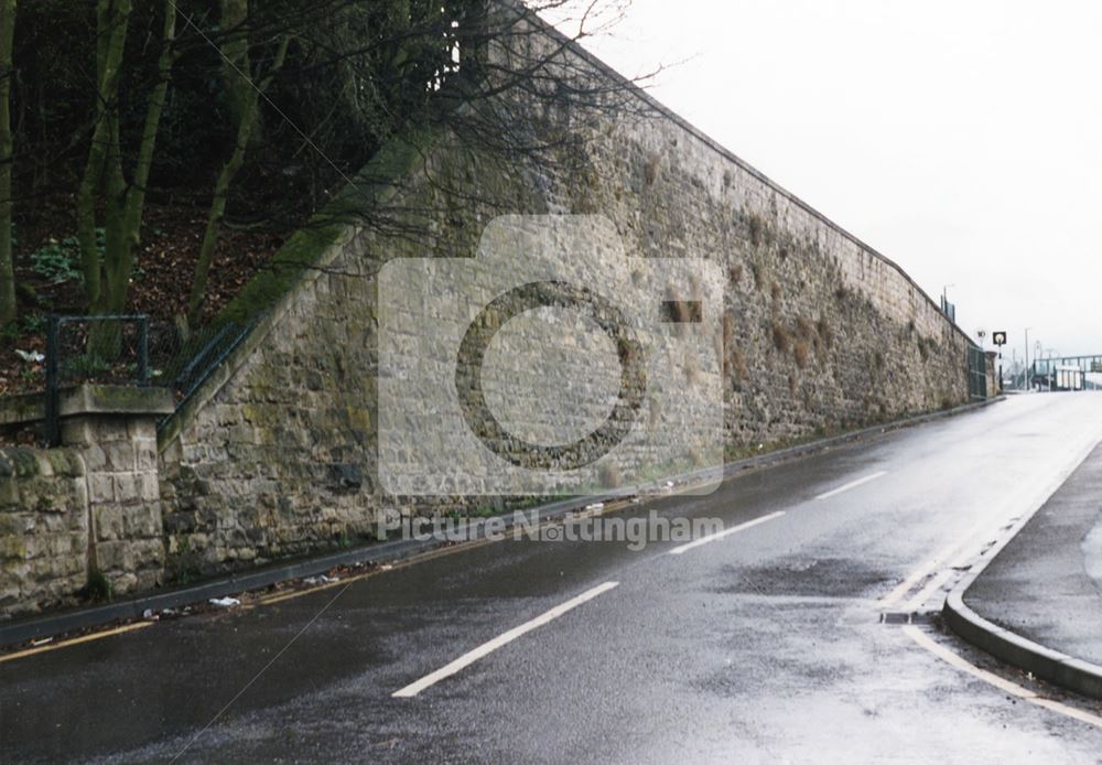 Station approach and retaining wall, Mansfield Woodhouse, 1999