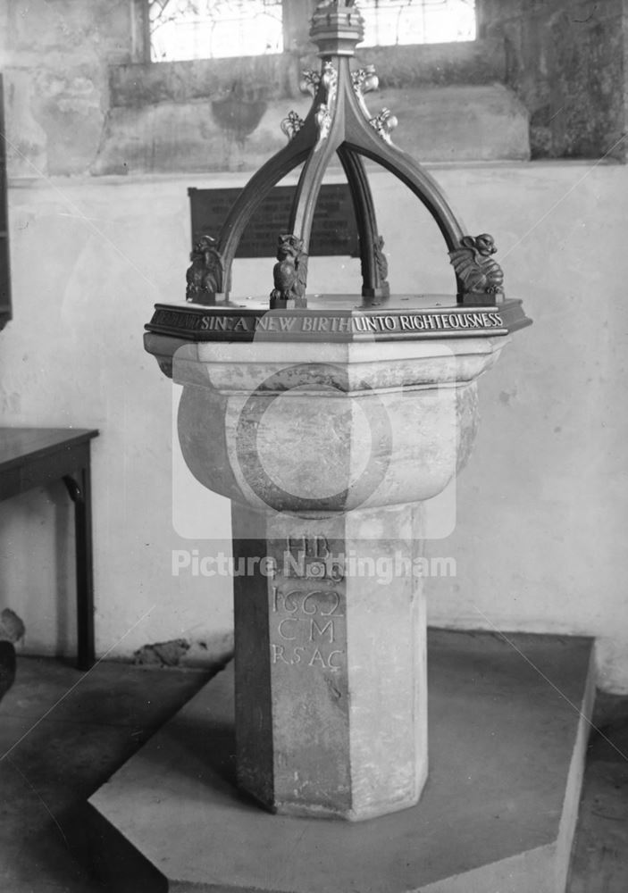 Font inside St Wilfrid's Church, North Muskham, 1949