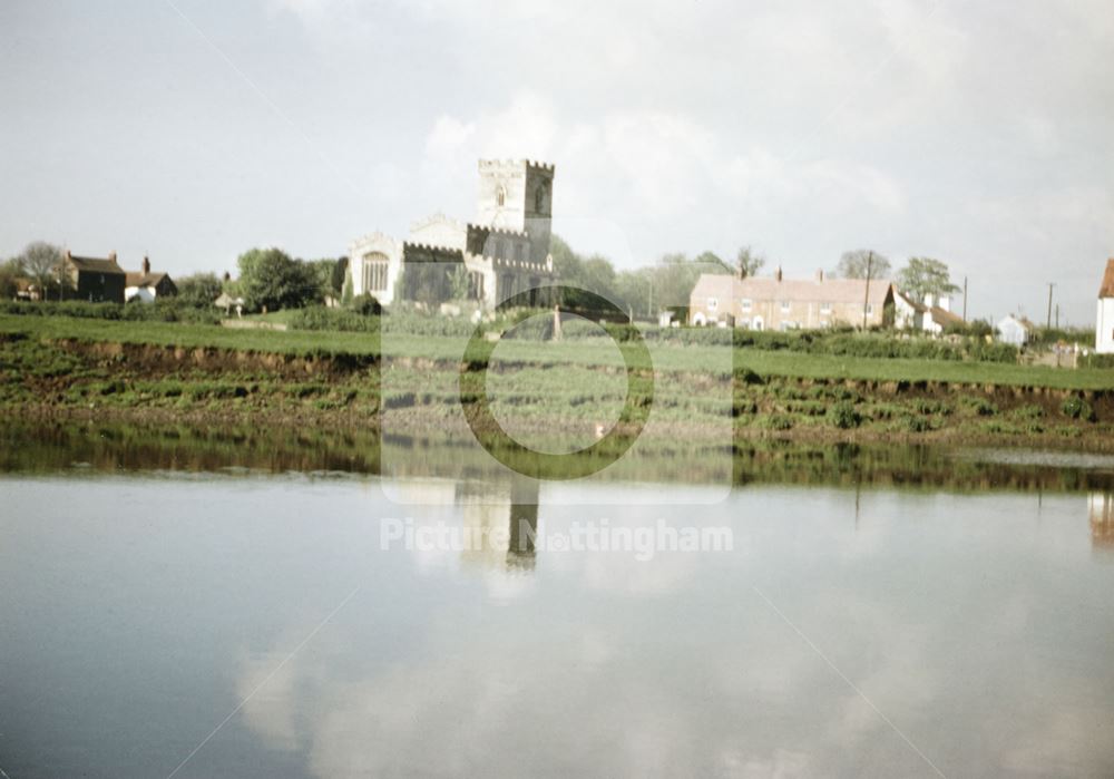 St Wilfrid's Church seen from across the River Trent, North Muskham, 1982