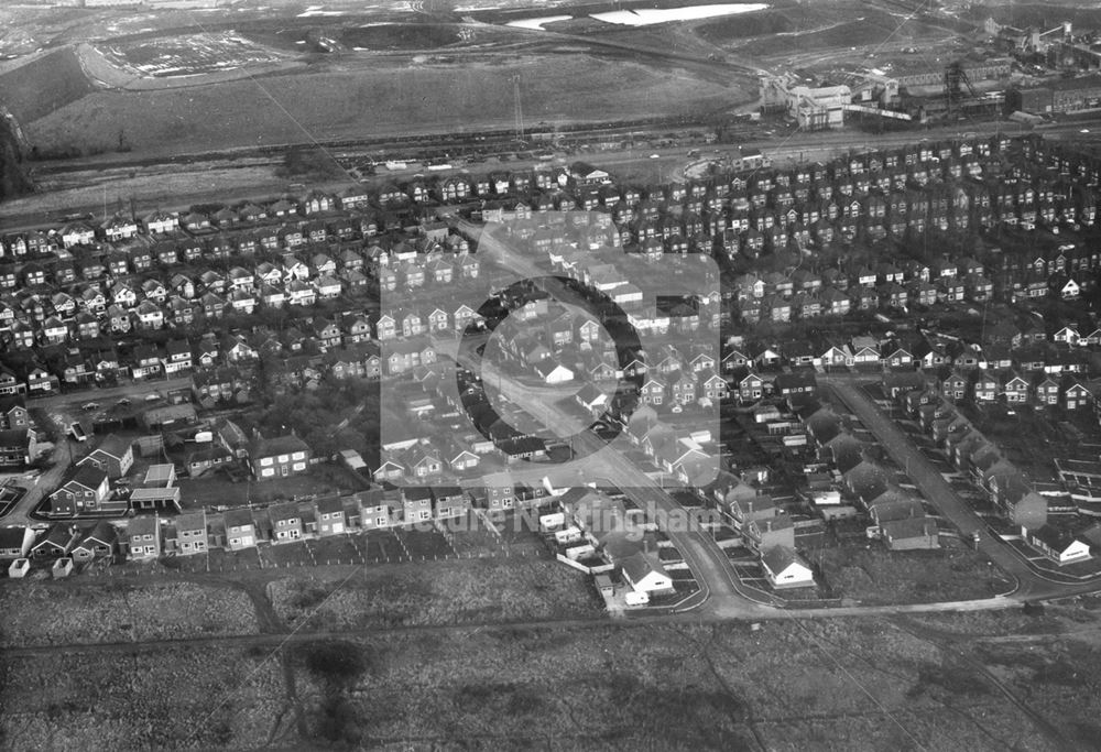 Aerial view towards Nottingham Road and Babbington Colliery at Cinderhill, Nuthall, 1972