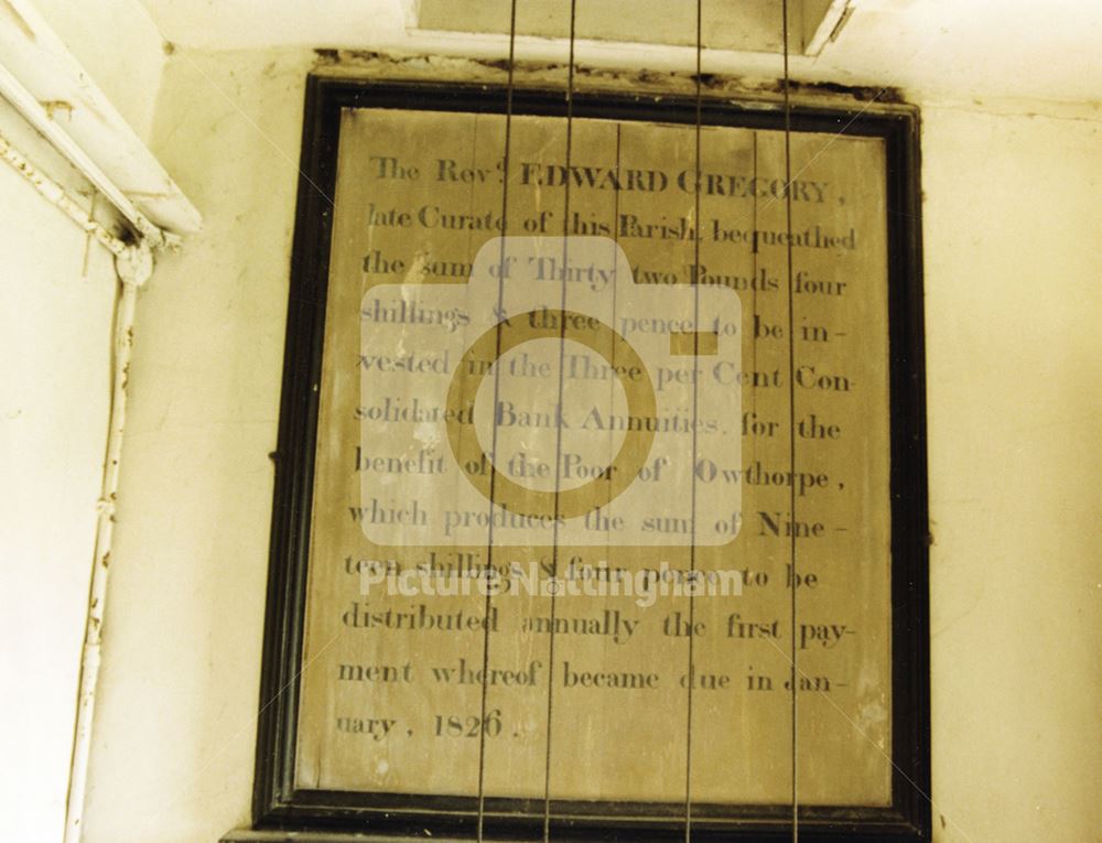 Gregory Benefaction Board, St Margaret's Church, Owthorpe, 1984