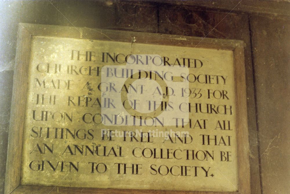 Notice inside St Margaret's Church, Owthorpe, 1984