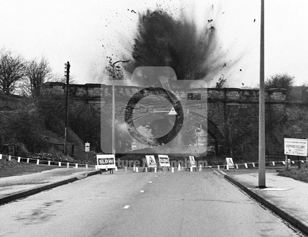 Demolition of railway bridge over Kirklington Road, Rainworth, 1972